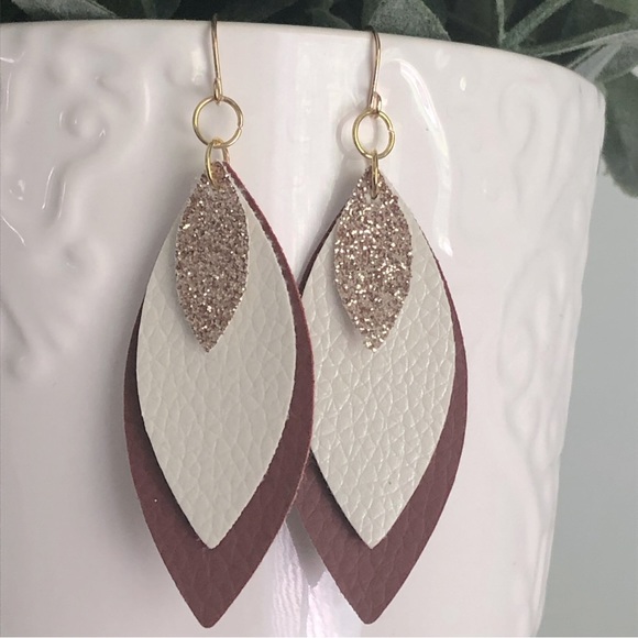 New Oversized Faux Vegan Leather Dangling Handmade Layered Earrings Glitter Gift - Picture 7 of 7
